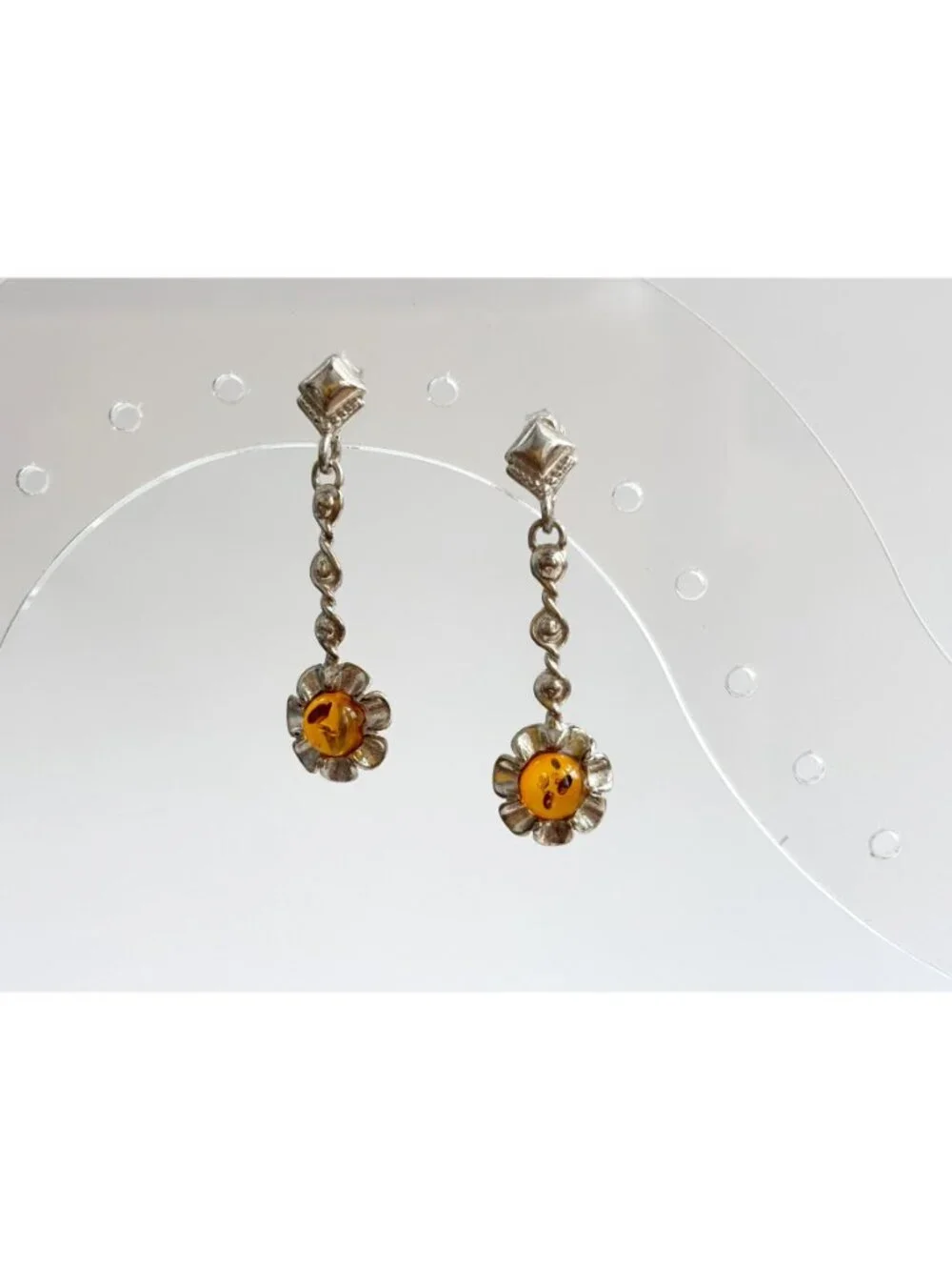 Baltic Amber Sunflower Shaped Spiral Vintage Sterling Silver 925 Dangle Earrings